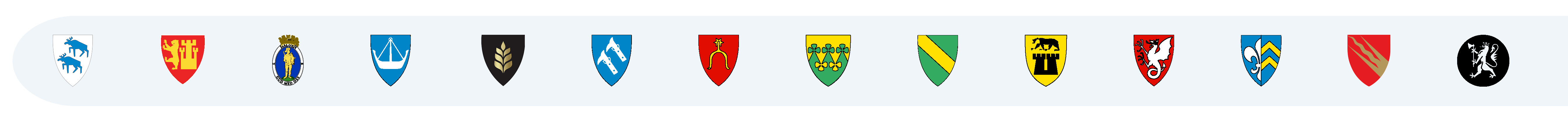 Alle våpenskjoldene i Østfold fylkeskommune, inkludert Østfold Fylkeskommunes eget.